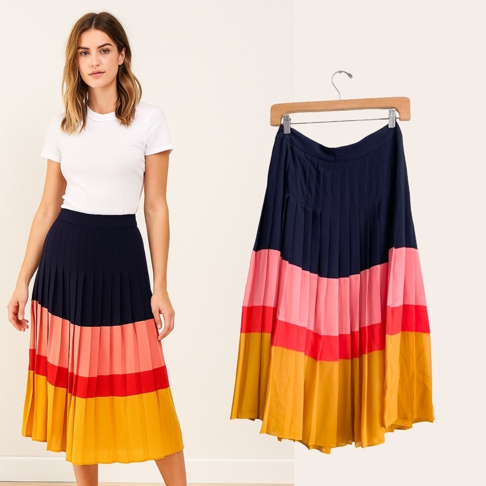 Ann Taylor Rainbow Colorblock ALine Pleated Skirt Midi Boho Bright Festive Retro